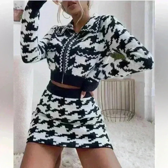 NWT SHEIN houndstooth black and white 2 piece skirt set size - Picture 3 of 7